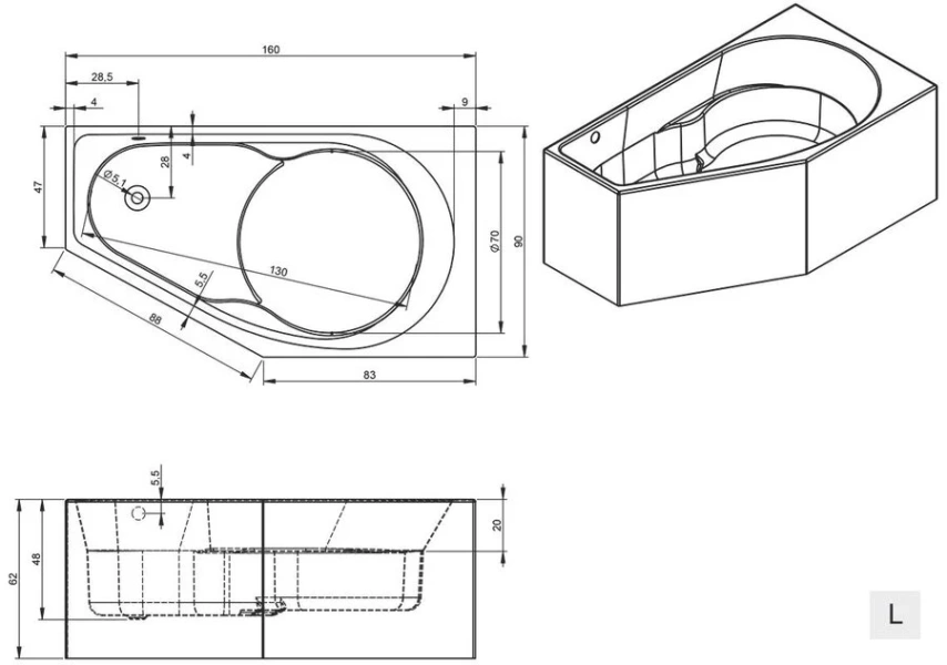 Ванна акриловая Riho Yukon Plug & Play, B008012005/B009012005, 160 x 90 см, левая/правая, цвет белый (детальная фотография), белые