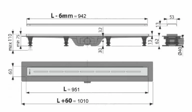 Душевой лоток Alcaplast APZ 95 см с решеткой APZ18-950M (детальная фотография), матовый хром
