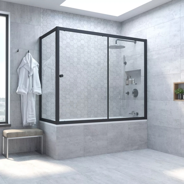 Душевая шторка на ванную профиль черный матовый стекло прозрачное Vegas-glass ZV+ZVF NOVO 170*80 02М 01 (детальная фотография)