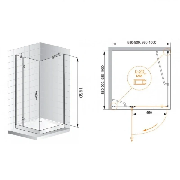 Душевой уголок Cezares Bergamo 100х100 см левый BERGAMO-W-A-1-100-C-Cr-L (детальная фотография), квадратные