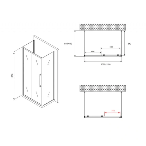 Душевой уголок Abber Schwarzer Diamant 110x60 см профиль хром, стекло матовое AG30110MH-S60M-S60M (детальная фотография), прямоугольные