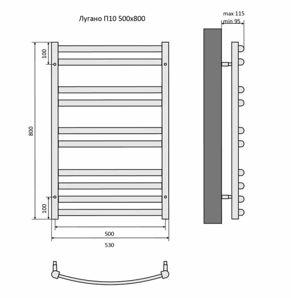 Полотенцесушитель водяной Акватек Лугано 50x80 см черный муар AQ DOC1080BL (детальная фотография), современные, hi-tech
