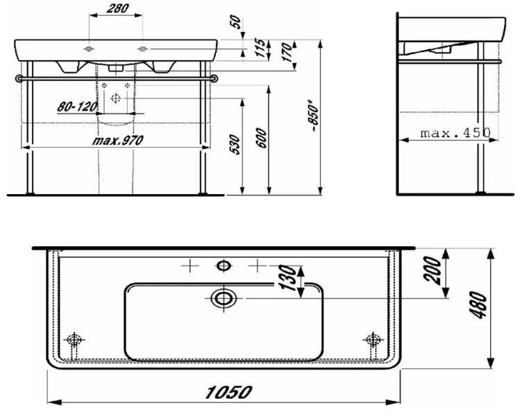 Раковина Laufen Pro A 105 см с 1 отверстием для смесителя 8.1395.8.000.104.1 (детальная фотография), современные, hi-tech