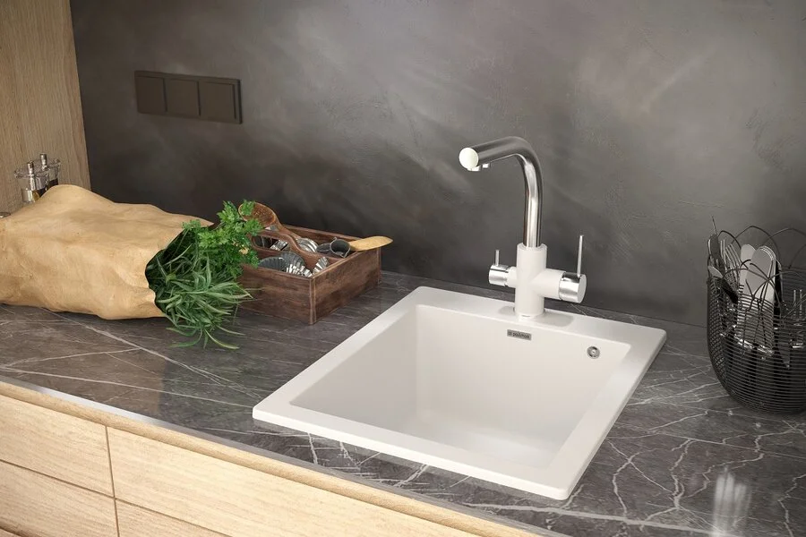 Мойка для кухни Paulmark Praktisch PM105152 51 см из кварцевого композита (детальная фотография), квадратная