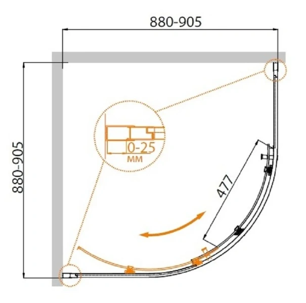 Душевой уголок Cezares Molveno 90х90 см стекло прозрачное профиль хром MOLVENO-R-1-90-C-Cr-IV (детальная фотография), полукруглые, четверть круга