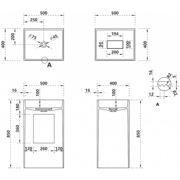 Раковина Abber Stein 50 см белая матовая AS2503-H (детальная фотография), современные, hi-tech