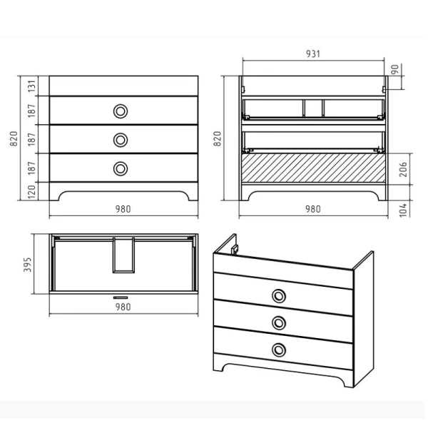 Тумба с раковиной напольная Misty Лейла 100 см с ящиками (детальная фотография), в наличии, по запросу, нет в наличии