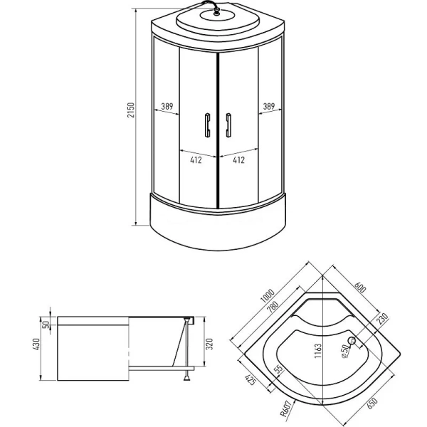 Душевая кабина Erlit Eclipse 100x100 см зеркальная задняя стенка ER5710TP-C24-RUS (детальная фотография), полукруглые, четверть круга