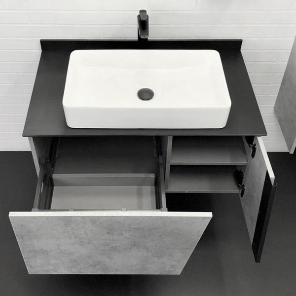 Тумба с раковиной подвесная Comforty Эдинбург 90 см с черной столешницей (детальная фотография), современная, hi-tech