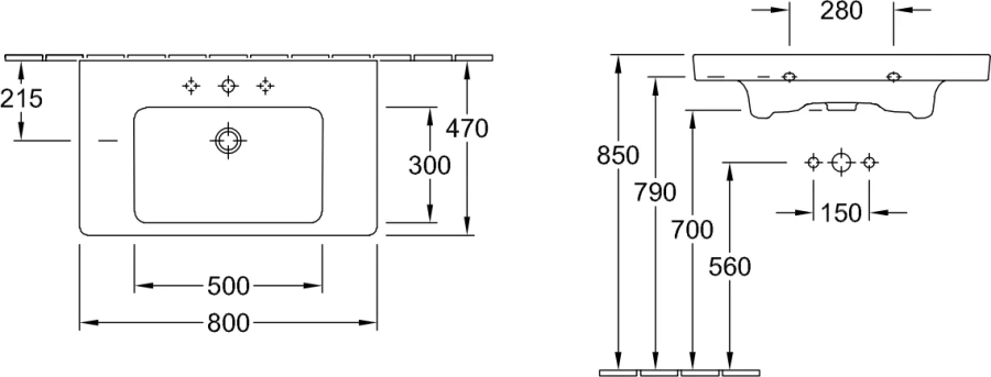 Раковина Villeroy & Boch Subway 2.0 80 см цвет альпийский белый White Alpin 71758001 (детальная фотография), подвесные, на полупьедестал, на пьедестал, пристенные
