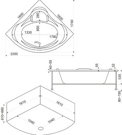 Акриловая ванна Bas Мега 160x160 В 00024 белый (детальная фотография), акриловые