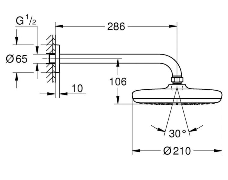 Верхний душ Grohe Tempesta с кронштейном 26411000 (детальная фотография), верхние души