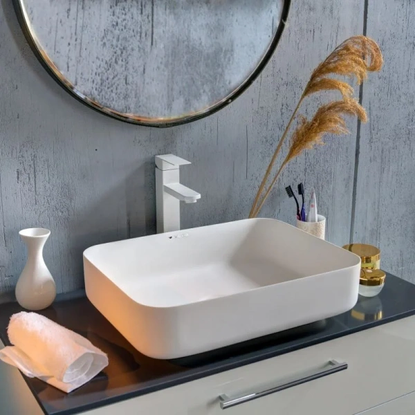 Раковина Montebianco Loreto Lungo 50 см белая матовая 12017 (детальная фотография), накладные (на столешницу)