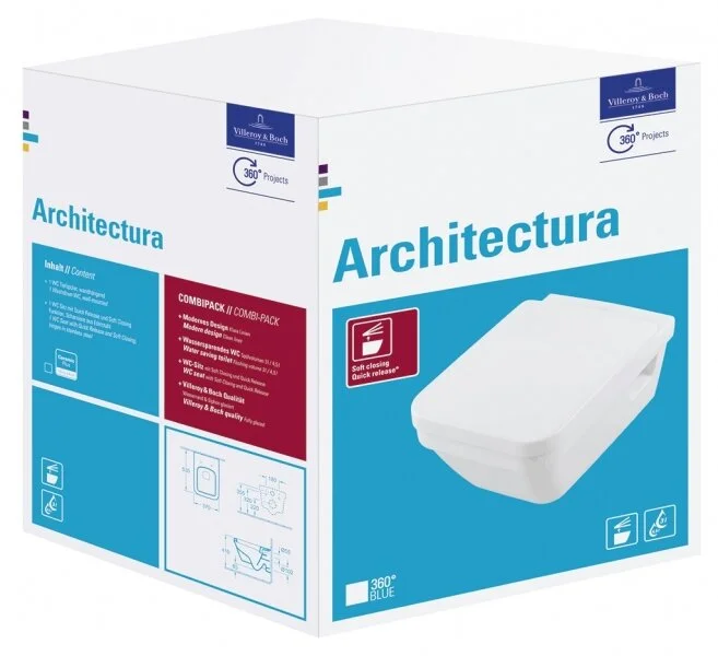 Унитаз подвесной Villeroy & Boch Architectura с сиденьем без грязеотталкивающего покрытия 5685HR01 (детальная фотография), безободковые, сиденье с микролифтом , с антивсплеском