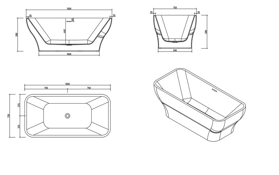 Ванна акриловая BelBagno 150х75 см отдельностоящая BB73-1500-750 (детальная фотография), акриловые