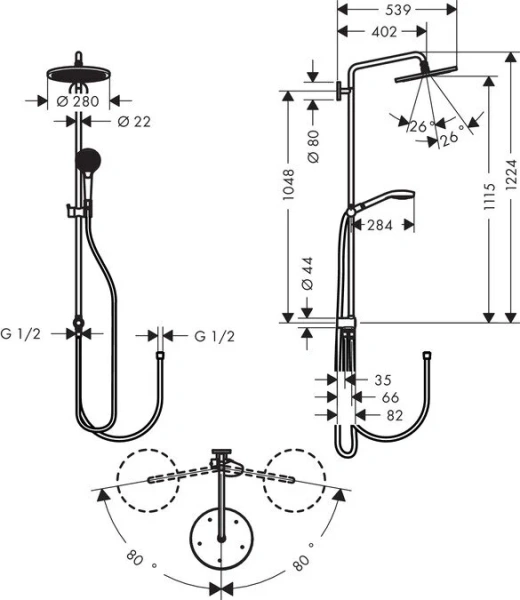Душевая стойка Hansgrohe Croma Select S с переключателем потоков 26793000 (детальная фотография), современные, hi-tech