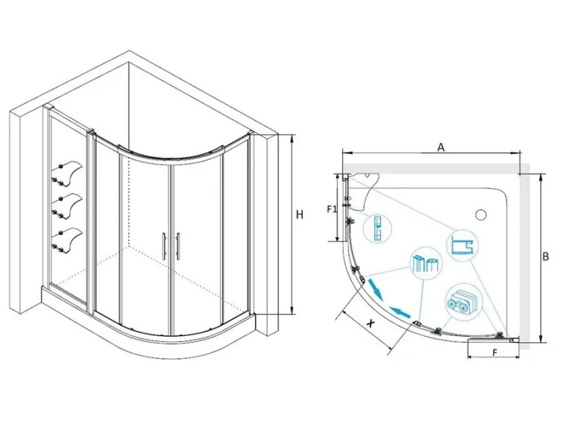 Душевой уголок RGW Hotel RGW HO-62 90х120 03066292-11 (детальная фотография), полукруглые, четверть круга, асимметричные