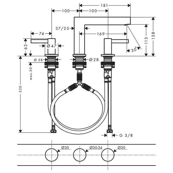 Смеситель для раковины Hansgrohe Finoris 76033 на 3 отверстия (детальная фотография), для раковины