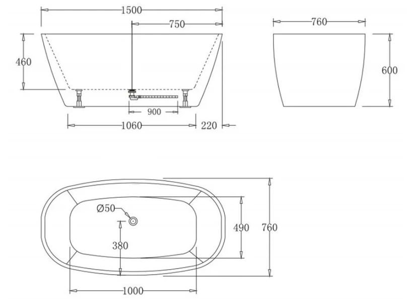 Ванна акриловая BelBagno 150x75 см без слива-перелива BB72-1500-W0 (детальная фотография), акриловые