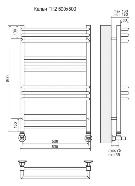 Полотенцесушитель водяной Terminus Кельн П12 50х80 см нижнее подключение 4630080268364 (детальная фотография), современные, hi-tech
