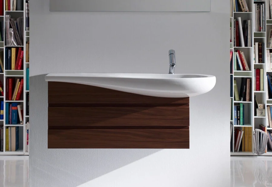 Раковина Laufen Ilbagnoalessi One 160 см с 1 отверстием для смесителя 8.1497.1.400.104.1 (детальная фотография), большая, круглой формы, прямоугольной формы, широкая