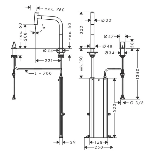 Смеситель для кухни Hansgrohe Metris Select M71 73804 на 2 отверстия (детальная фотография), для кухни