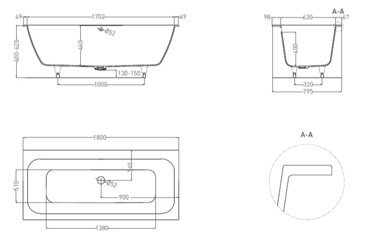 Ванна из искусственного камня Salini Orlanda Axis 180x80 см встраиваемая 103222M (детальная фотография), прямоугольные