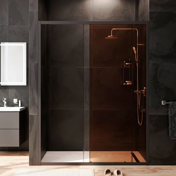 Душевая дверь в нишу AM.PM Gem Solo 150 см профиль черный стекло бронза W90G-150-1-195BBr (детальная фотография), недорогие, в нишу, стеклянные