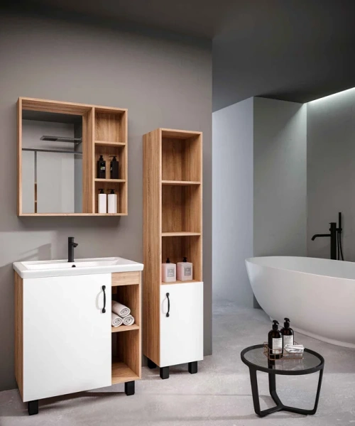 Тумба под раковину напольная Grossman Флай 71,5 см дуб сонома/белая 107001 (детальная фотография), моноблок, под накладную раковину