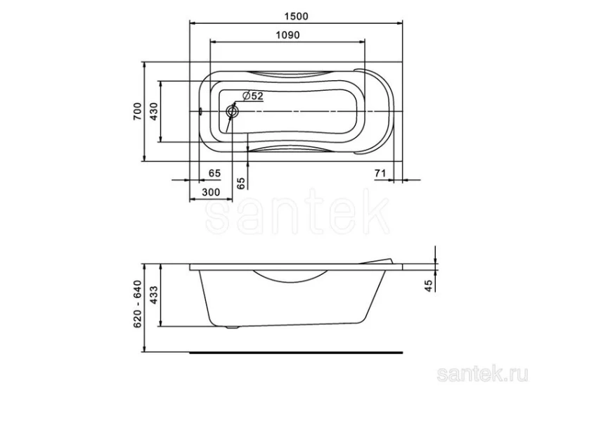 Ванна акриловая прямоугольная Santek Тенерифе XL 1.WH30.2.213, 150 х 70 см, белая (детальная фотография), современныe, hi-tech