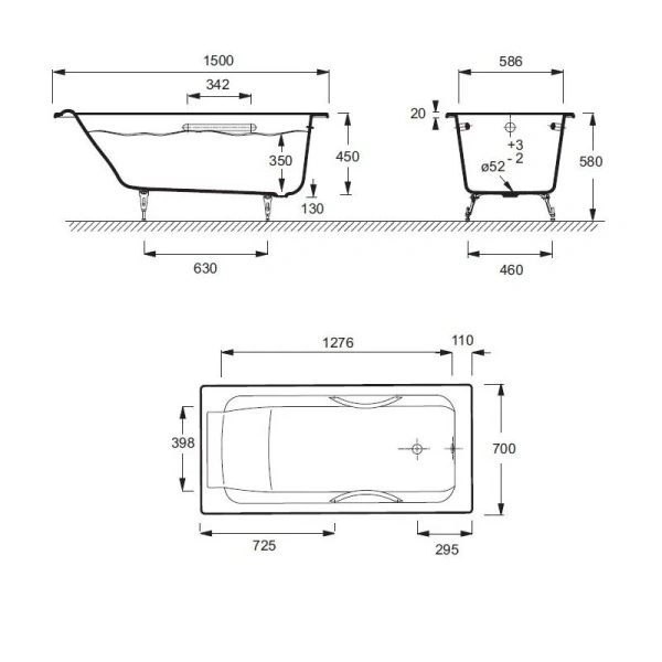 Ванна чугунная Jacob Delafon Parallel 150х70 см с отверстиями под ручки E2949-00 (детальная фотография), чугунные
