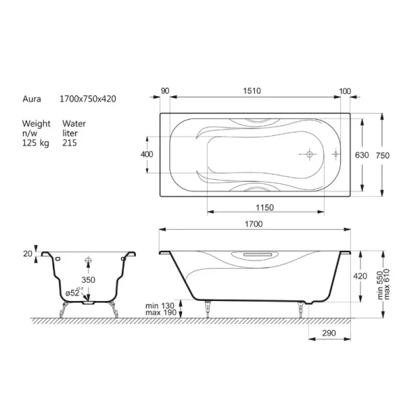 Чугунная ванна Vinsent Veron Aura VAU1707542H, 170 x 75 см, с отверстиями под ручки, цвет белый (детальная фотография), чугунные