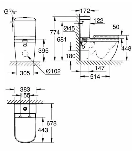 Унитаз компакт Grohe Euro Ceramic безободковый 39462000 (детальная фотография), напольные