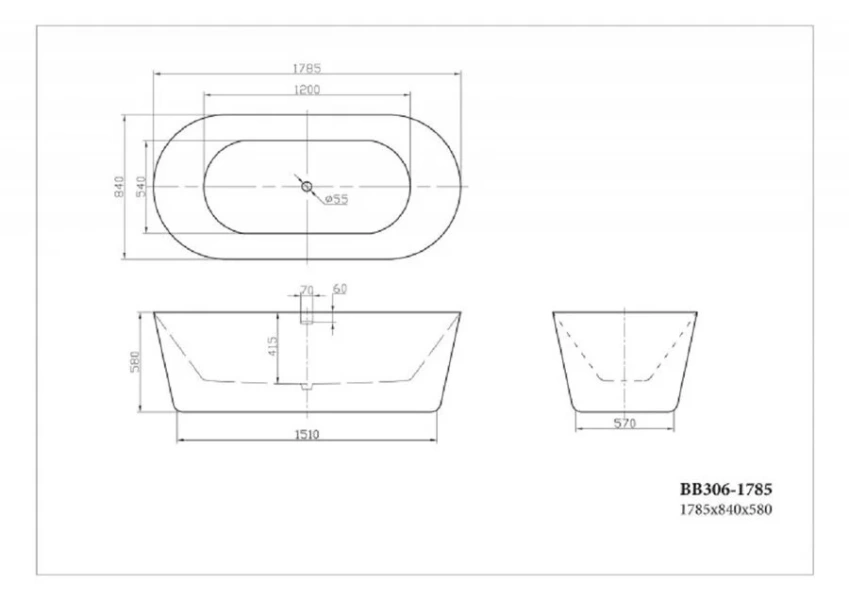 Ванна акриловая BelBagno 179х85 см овальная BB306-1785 (детальная фотография), акриловые