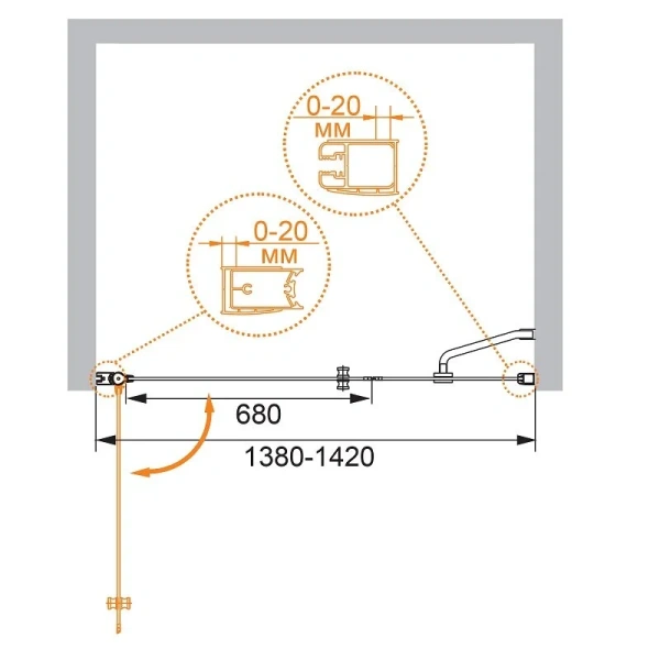 Душевая дверь в нишу Cezares Elena 140 см стекло прозрачное ELENA-W-B-11-60+80-C-Cr (детальная фотография), современные, hi-tech