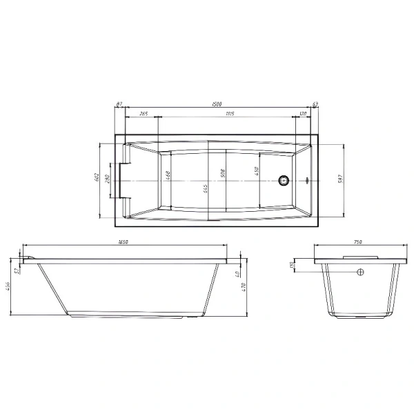 Ванна акриловая 1MarKa Aelita 01ае1675кп, 160 x 75 см, цвет белый (детальная фотография), современныe, hi-tech