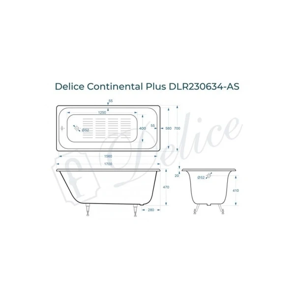 Ванна чугунная Delice Continental Plus 170х70 см с антискользящим покрытием DLR230634-AS (детальная фотография), чугунные