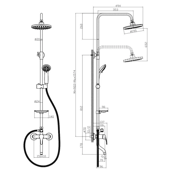 Душевая стойка Rossinka A с поворотным изливом A35-46 (детальная фотография), современные, hi-tech