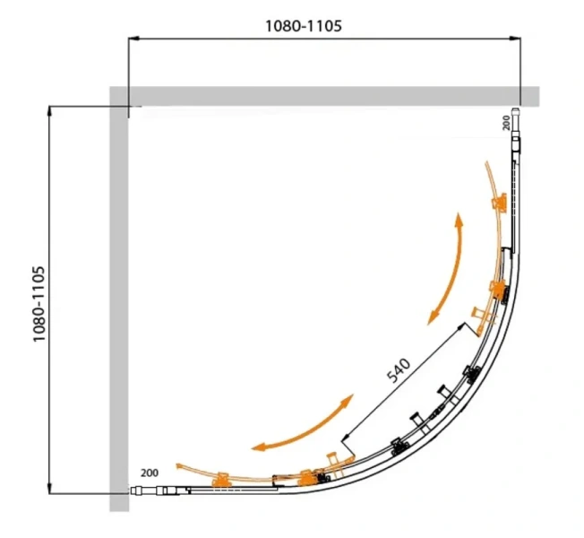 Душевой уголок Cezares Molveno 110х110 см стекло прозрачное профиль золото MOLVENO-R-22-90+20-C-BORO-IV (детальная фотография), полукруглые, четверть круга