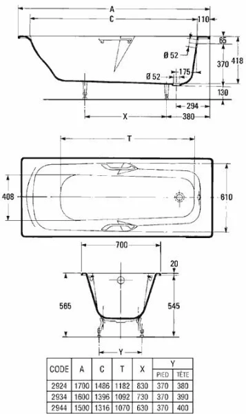 Чугунная ванна Jacob Delafon Prelude, 170 х 70 см, с отверстиями для ручек, E2924-00 (детальная фотография), чугунные