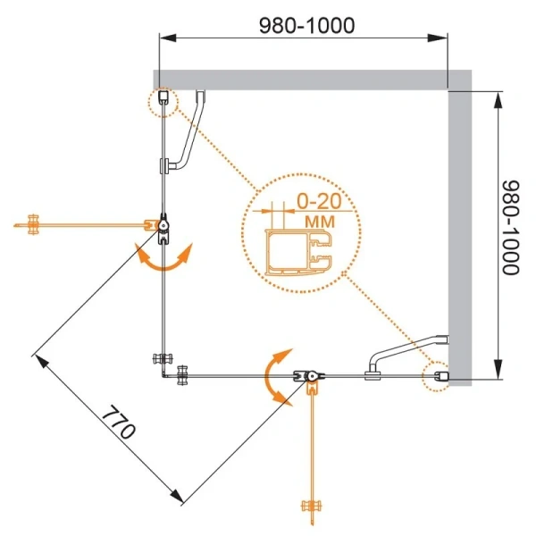 Душевой уголок Cezares Elena 100x100 см стекло прозрачное ELENA-W-A-22-100-C-Cr (детальная фотография), квадратные