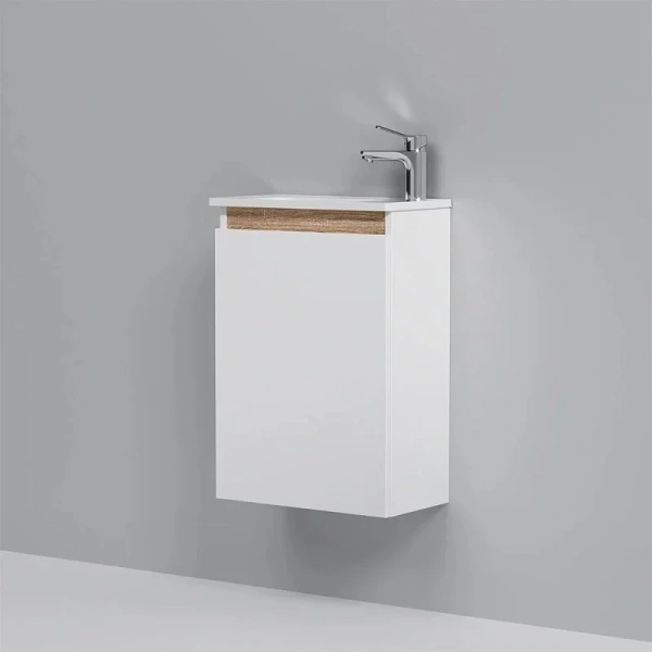 Тумба с раковиной подвесная Am.Pm X-Joy M85AFHX0451WG 45 см с дверцей (детальная фотография), комплект (набор), маленькая, узкая