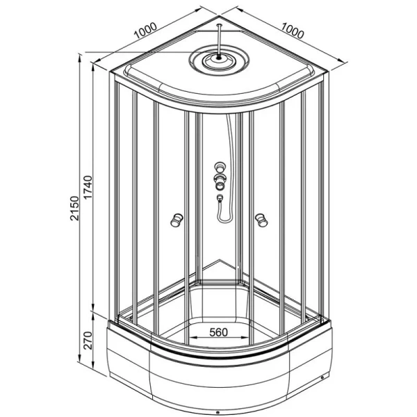 Душевая кабина Deto L 100x100 см с крышей L710 (детальная фотография), полукруглые, четверть круга