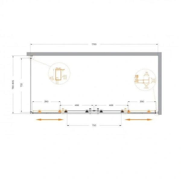 Душевой уголок Cezares Molveno 180х80 см стекло прозрачное профиль хром MOLVENO-AH-2/1-180/80-C-Cr-IV (детальная фотография), прямоугольные