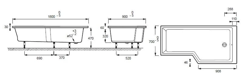Ванна акриловая Jacob Delafon Bain Douche Neo 180х90 см белая, правосторонняя E6D004R-00 (детальная фотография), акриловые