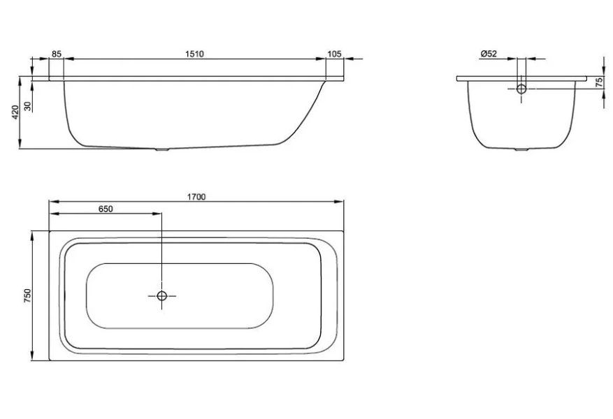 Ванна стальная Bette Select 3412-000 PLUS 170 х 75 х 42 см с шумоизоляцией, c покрытием BetteGlasur ® Plus, белая (детальная фотография), стальные