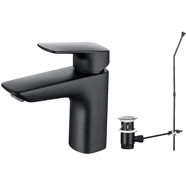 Смеситель для раковины Акватек Вега с донным клапаном черный матовый AQ1011MB (детальная фотография)