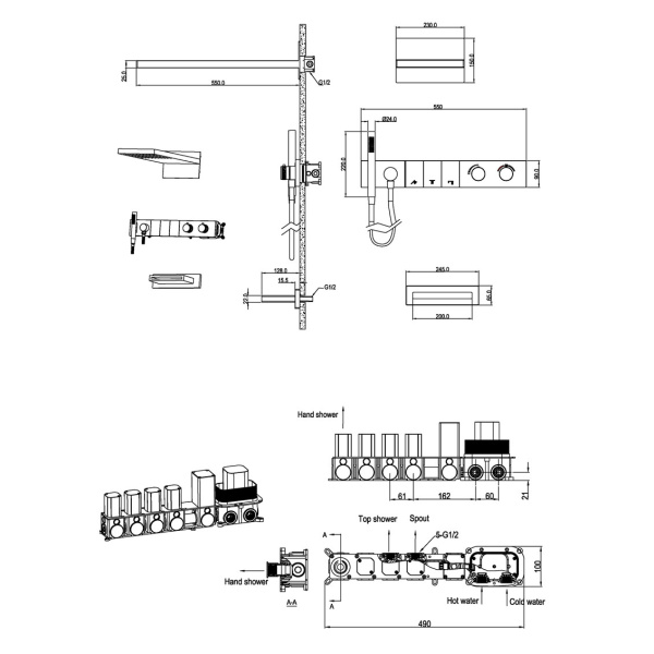 Схема (детальная фотография), душевые комплекты, наборы