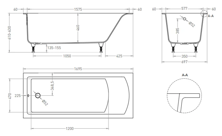 Ванна из искусственного камня Salini Cascata 170х70 см встраиваемая 104423M (детальная фотография), искусственный камень