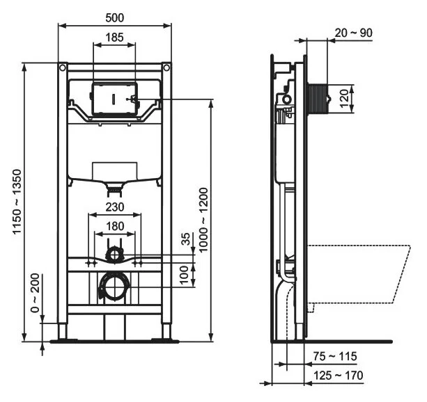 Унитаз с инсталляцией Ideal Standard Tesi ProSys Solea M1 c механической панелью смыва T355101PT (детальная фотография), с инсталляцией